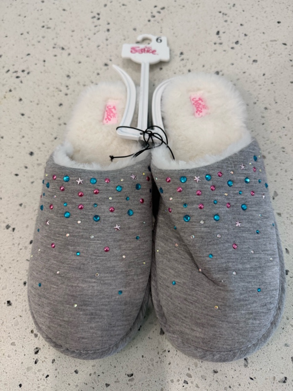 Girls Justice Gray Fuzzy Slippers with Pink and Blue Gem Accents Sz 6